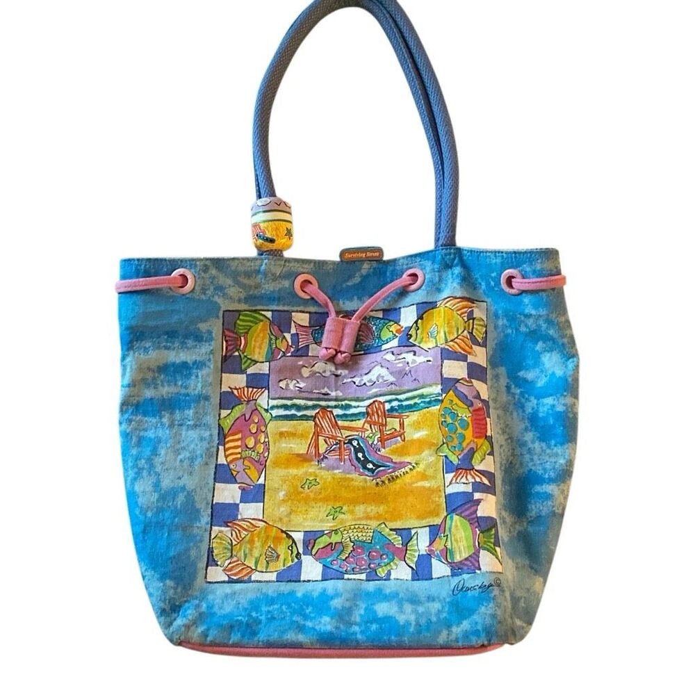 Vintage 90s Anne Ormsby Drawstring Tropical Beach Bag Tote Surviving Stress